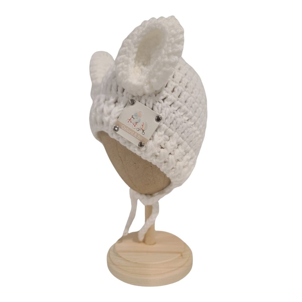 Finn Crocheted Bear Beanie With Ties, White